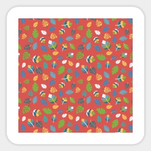 Tropical leaves on a red background. Green, blue, teal, yellow, and white leaves on red. Leaf pattern. Jungle leaves. Sticker